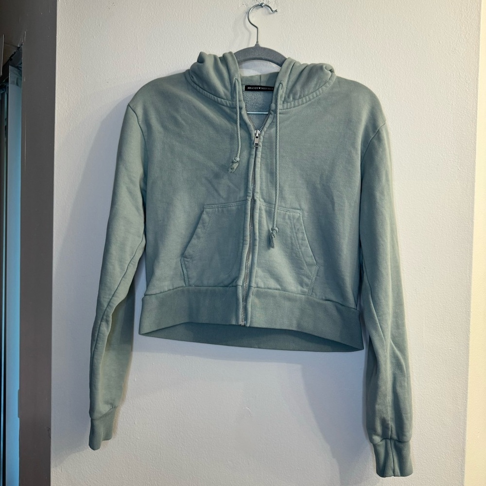 Brandy Melville Light Teal Zip Up Cropped Hoodie Sweatshirt One Size